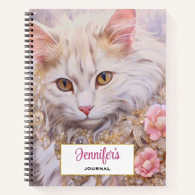 Cuaderno Gato blanco elegante en oro y diamantes (Anverso)