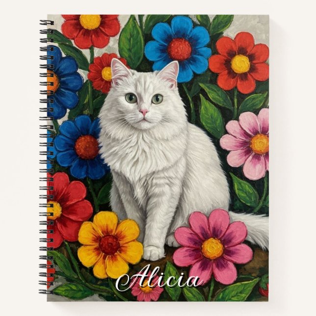 Cuaderno Gato blanco esponjoso y flores de arte popular (Anverso)