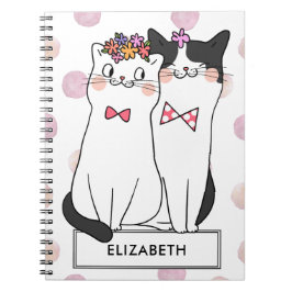 Cuaderno Gato Blanco Femenino con Patrón de Lunares Acuarel