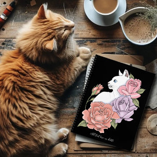 Cuaderno Gato Blanco Floral Pastel Botánico Romántico Negro