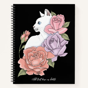Cuaderno Gato Blanco Floral Pastel Botánico Romántico Negro