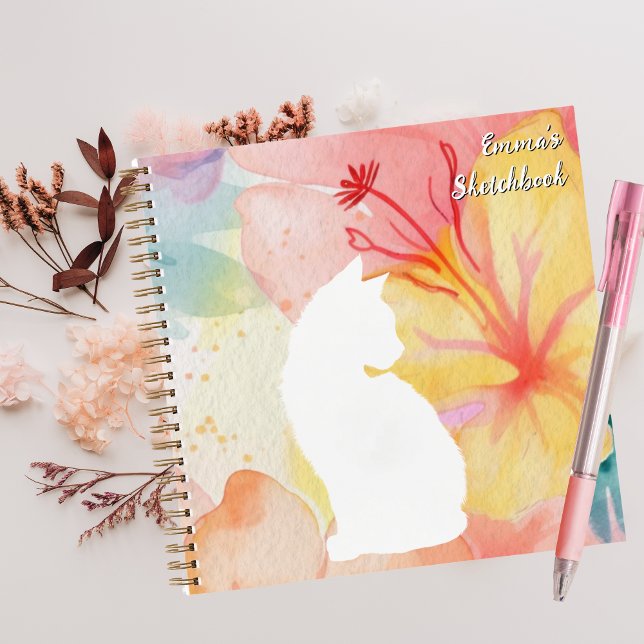 Cuaderno Gato blanco lindo, animal divertido, flor acuática (Subido por el creador)