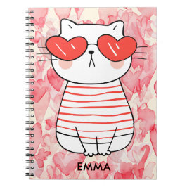 Cuaderno Gato blanco lindo con anteojos cardíacos Monograma