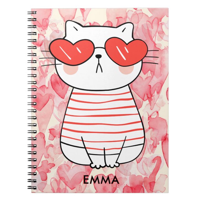 Cuaderno Gato blanco lindo con anteojos cardíacos Monograma (Frente)