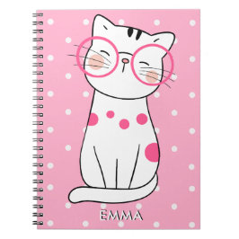 Cuaderno Gato blanco lindo con gafas y patrón de lunares