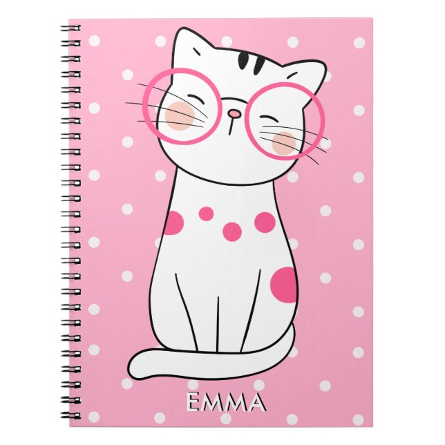Cuaderno Gato blanco lindo con gafas y patrón de lunares (Frente)