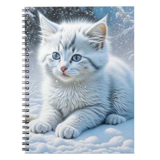 Cuaderno Gato blanco lindo jugando en la nieve (Frente)