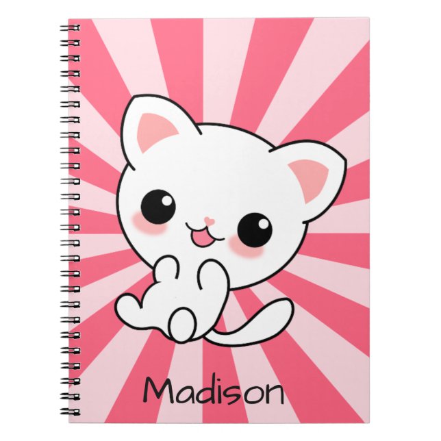 Cuaderno Gato blanco lindo kawaii rosa personalizado (Frente)