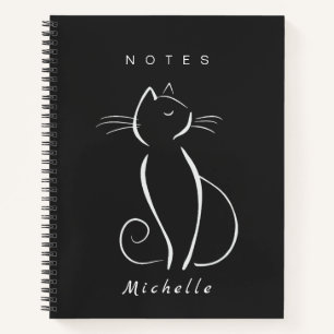 Cuaderno Gato blanco minimalista en negro Añadir nombre