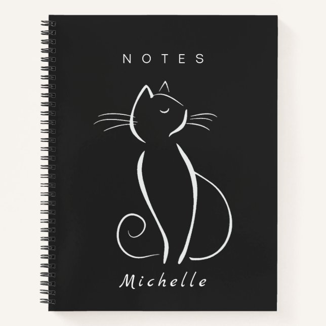 Cuaderno Gato blanco minimalista en negro Añadir nombre (Anverso)