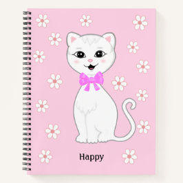 Cuaderno Gato blanco y flores en rosa claro