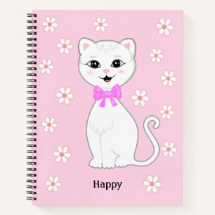 Cuaderno Gato blanco y flores en rosa claro