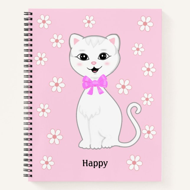Cuaderno Gato blanco y flores en rosa claro (Anverso)