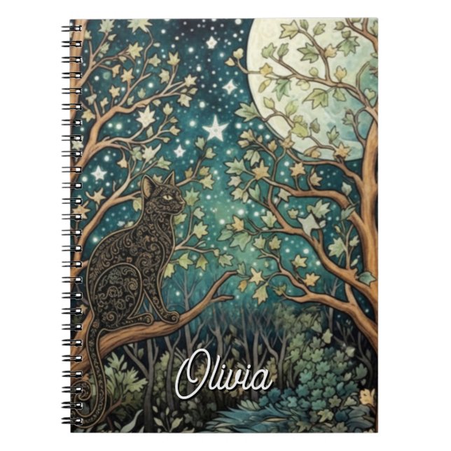 Cuaderno Gato boho cielo nocturno estrellado bosque (Frente)