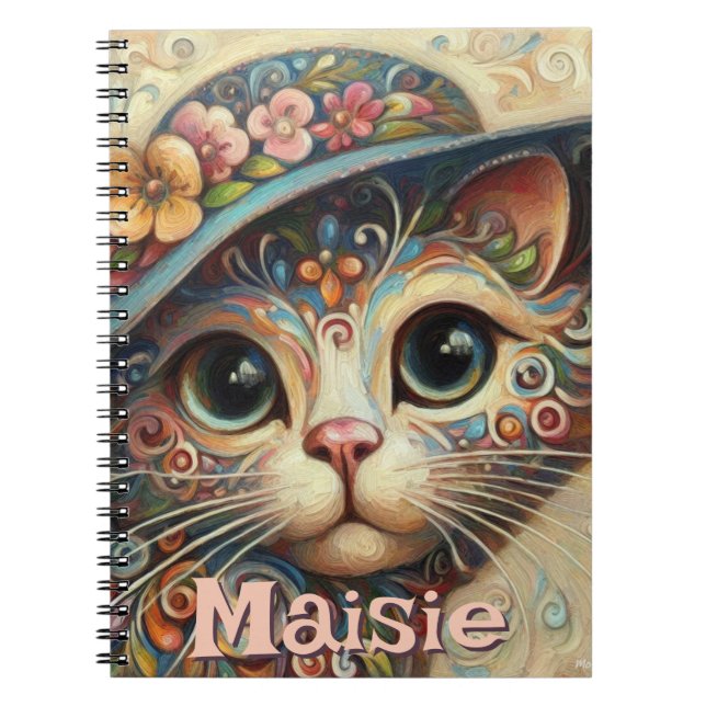 Cuaderno Gato caprichoso con floral Gorra personalizado (Frente)