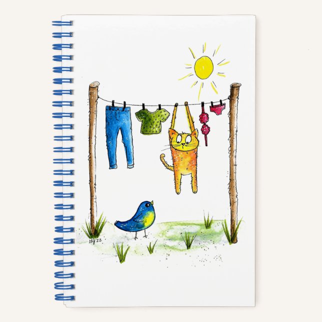 Cuaderno Gato caprichoso en la línea de la ropa (Anverso)