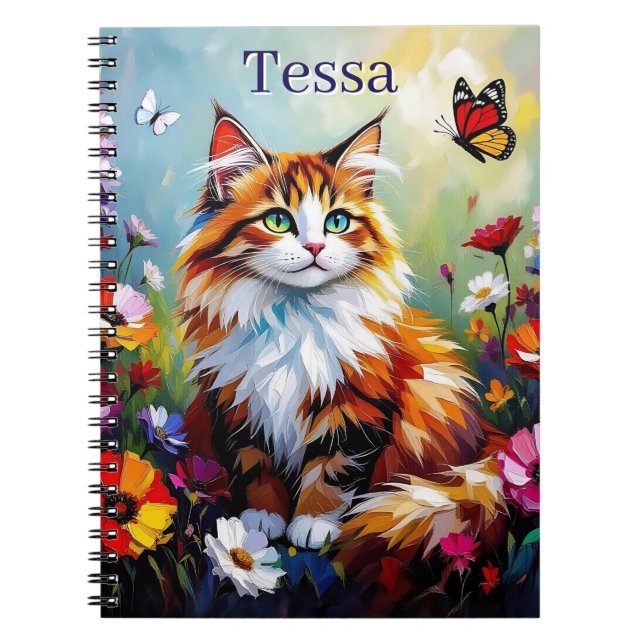 Cuaderno Gato caprichoso lindo, flores y mariposas (Frente)