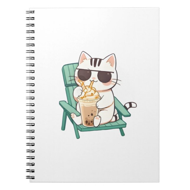 Cuaderno Gato Chibi Kawaii con Gafas de Sol Bebiendo Frappè (Frente)