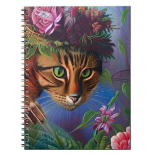 Cuaderno gato con arte gorra de flores
