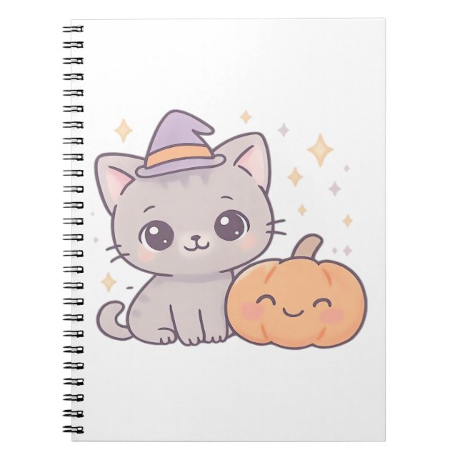 Cuaderno Gato con Gorra de brujas y calabaza sonriente (Frente)