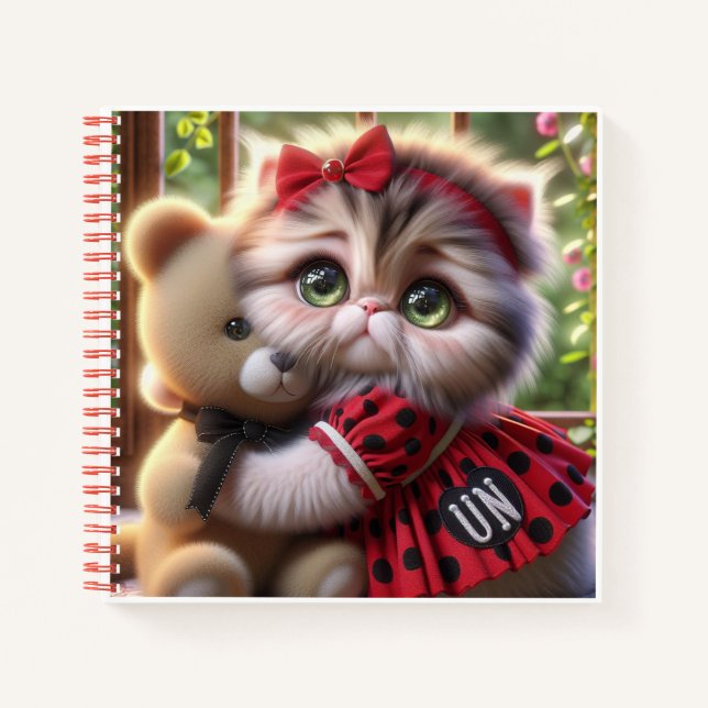Cuaderno Gato con vestido rojo con oso de peluche   (Anverso)
