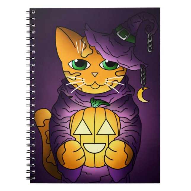 Cuaderno Gato de bruja morado de Halloween (Frente)