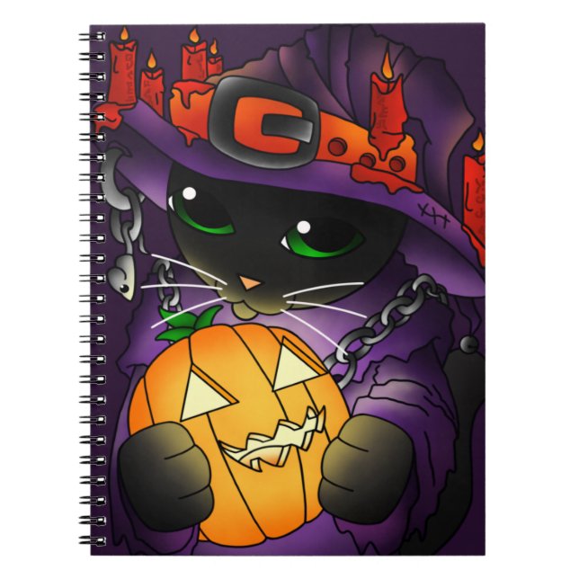 Cuaderno Gato de bruja negra de la calabaza de Halloween (Frente)