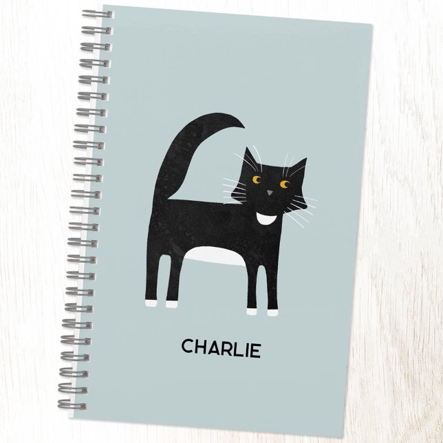 Cuaderno Gato de esmoquín negro y blanco personalizado (Fun black and white tuxedo cat personalized custom name notebook for animal lovers)