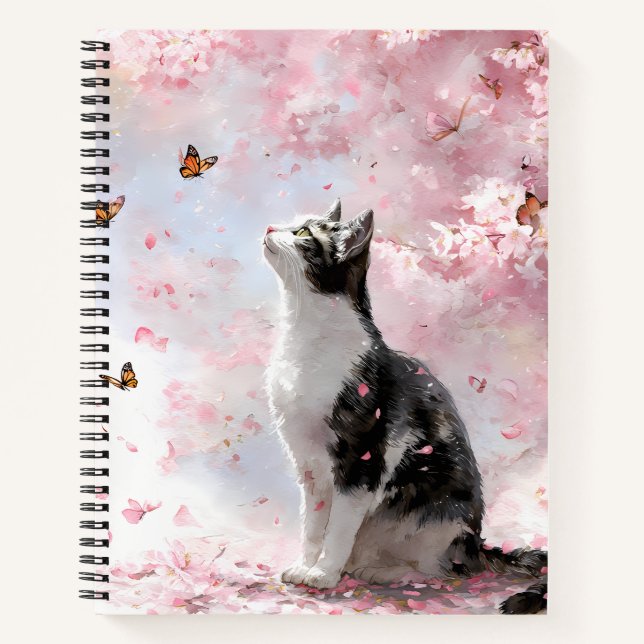 Cuaderno Gato de flor de cerezo y mariposas (1) (Anverso)