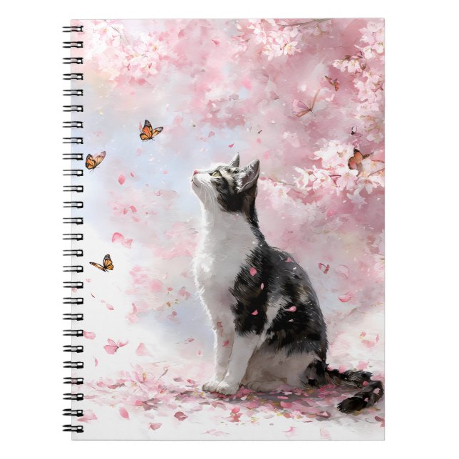 Cuaderno Gato de flor de cerezo y mariposas (1) (Frente)