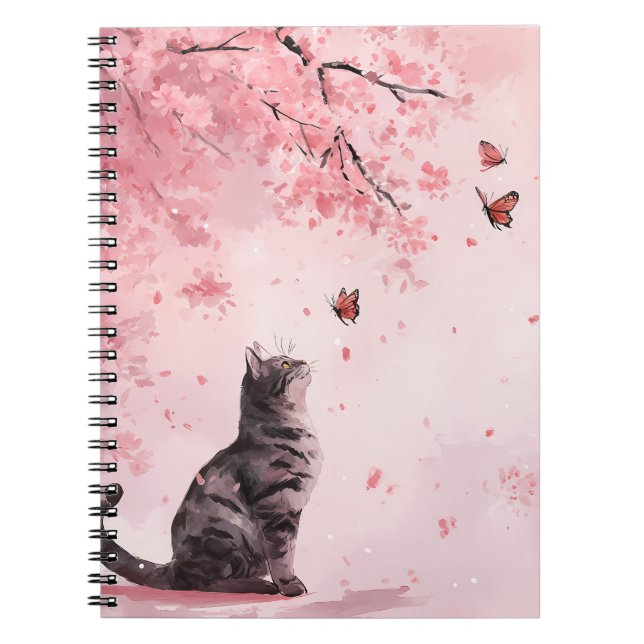 Cuaderno Gato de flor de cerezo y mariposas (12) (Frente)