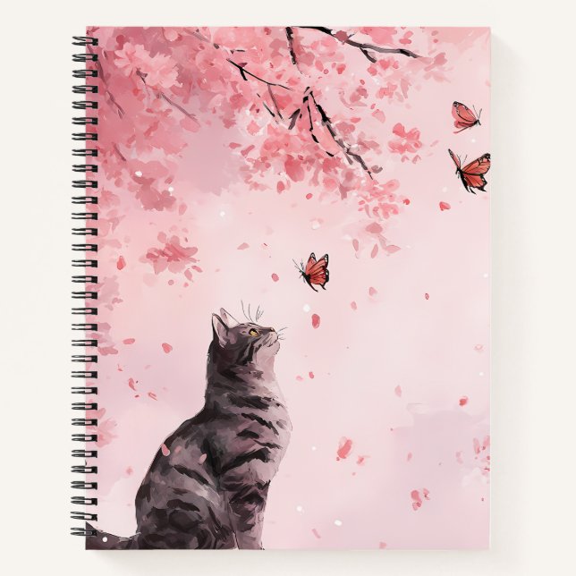 Cuaderno Gato de flor de cerezo y mariposas (12) (Anverso)