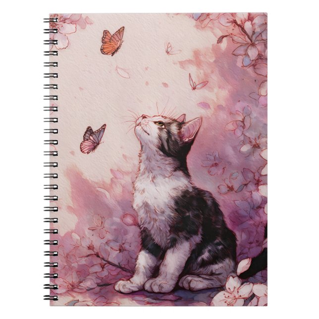 Cuaderno Gato de flor de cerezo y mariposas (2) (Frente)