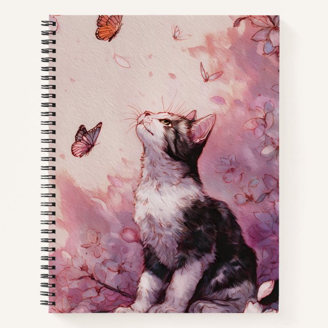 Cuaderno Gato de flor de cerezo y mariposas (2) (Anverso)