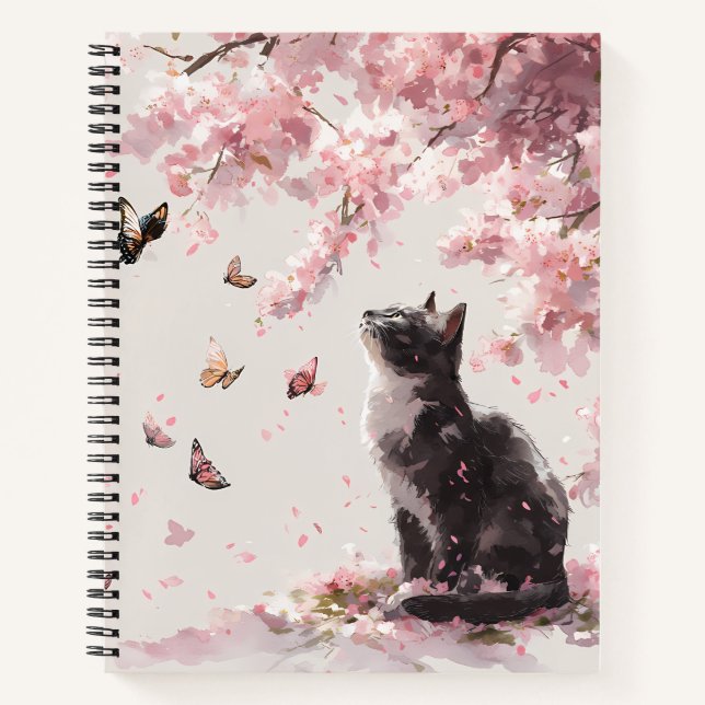 Cuaderno Gato de flor de cerezo y mariposas (9) (Anverso)