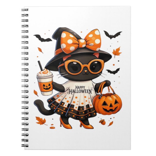Cuaderno Gato de Halloween Kawaii - Gato de bruja con calab (Frente)