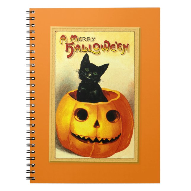Cuaderno Gato de Halloween sentado en Jack O Lantern (Frente)