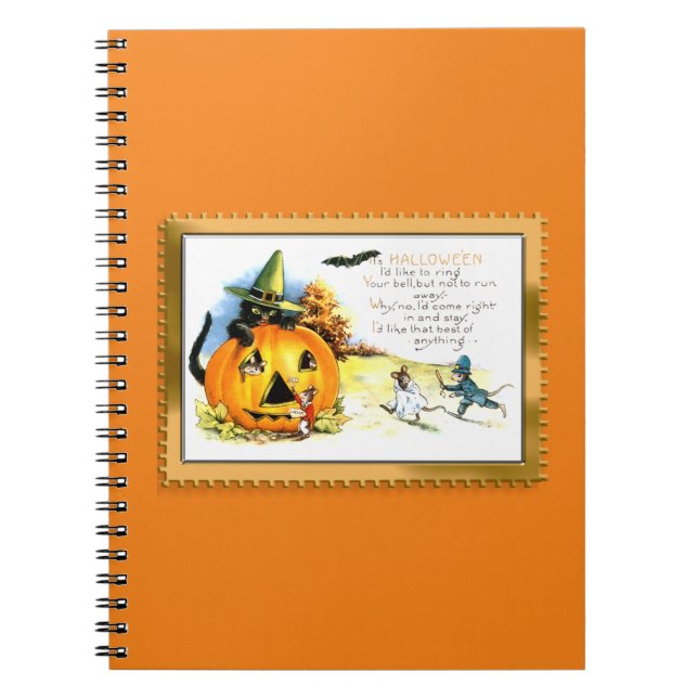 Cuaderno Gato de Halloween sentado en Jack O Lantern (Frente)