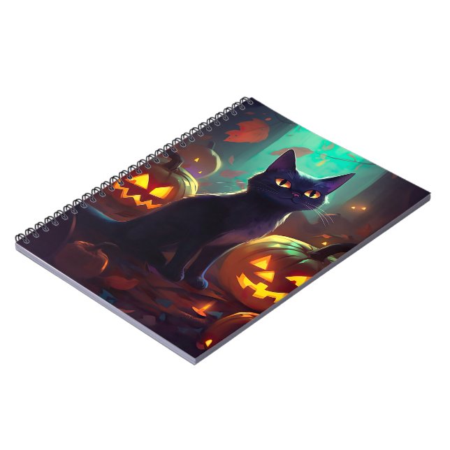 Cuaderno Gato de Halloween Tuxedo con calabazas aterradoras (Lado Izquierdo)