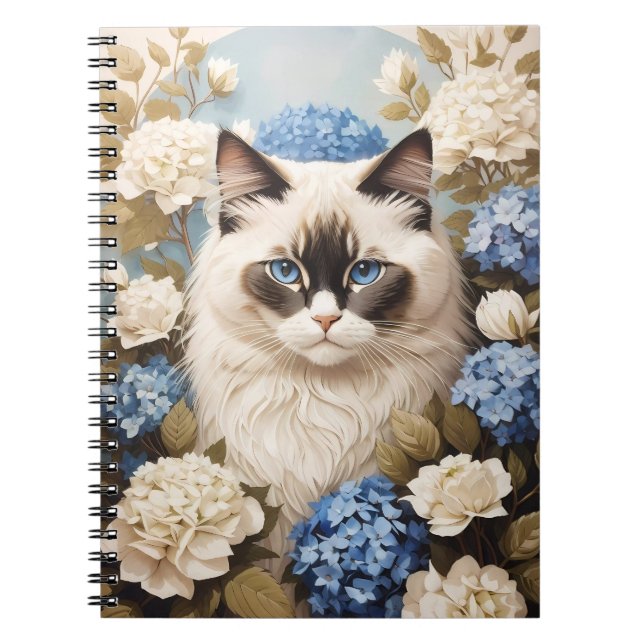 Cuaderno Gato De Ragdoll Con Flores De Hidrangea Azul (Frente)