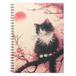 Cuaderno Gato de Tuxedo en estética japonesa florece cerezo