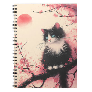 Cuaderno Gato de Tuxedo en estética japonesa florece cerezo