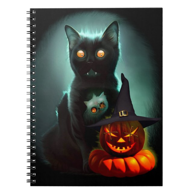 Cuaderno Gato de vampiros y mago calabaza Halloween Surreal (Frente)