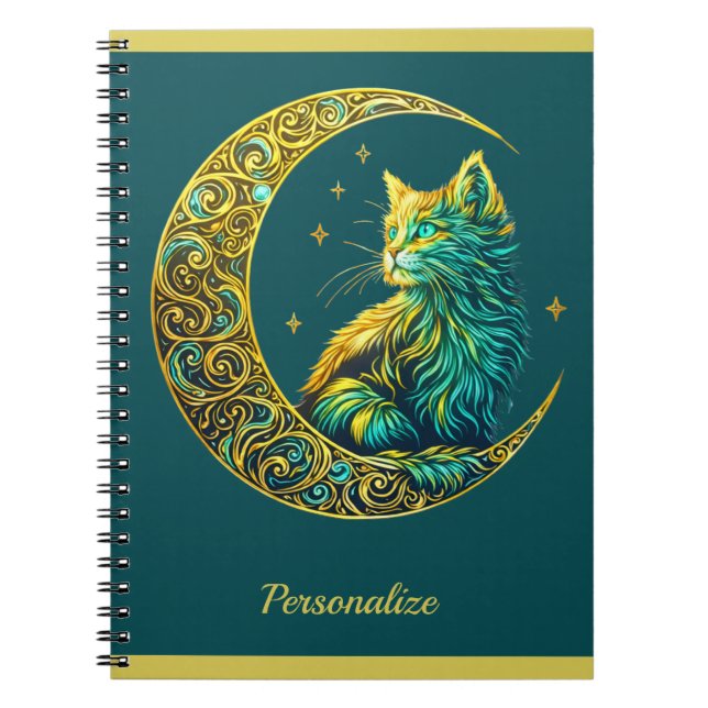 Cuaderno Gato dorado místico en luna verde celestial  (Frente)