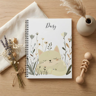 Cuaderno Gato Dormido Adorable con Floral Sutil y Verde Sal