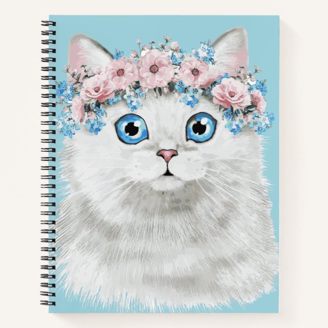 Cuaderno Gato dulce blanco floral (Anverso)