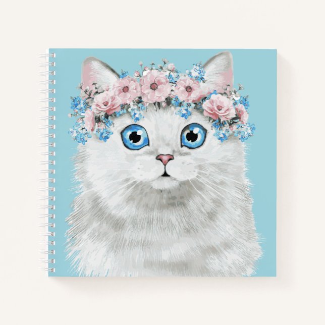 Cuaderno Gato dulce blanco floral (Anverso)