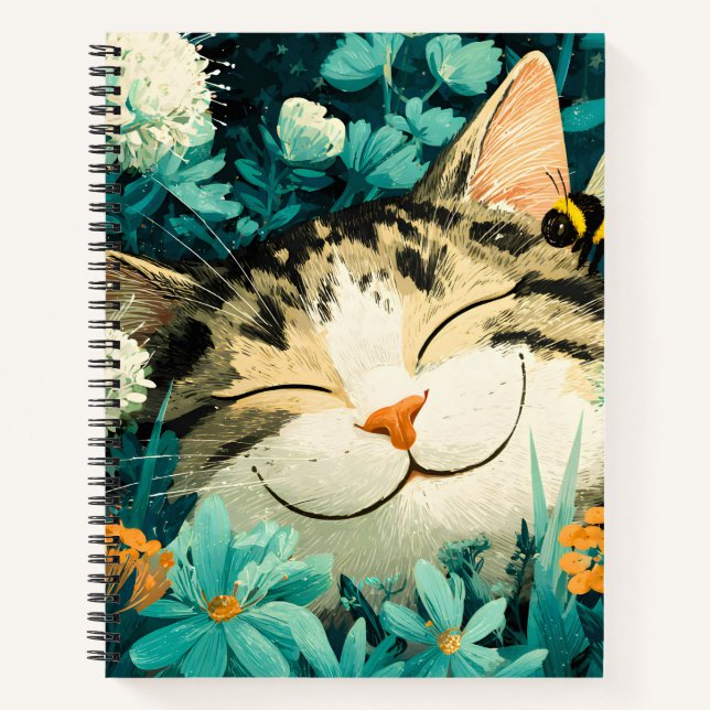 Cuaderno Gato durmiendo jardín de flores con abeja acuarela (Anverso)