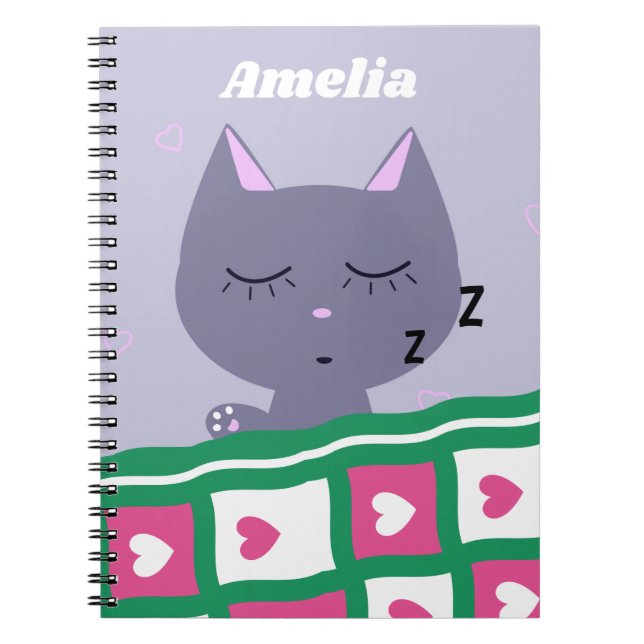 Cuaderno Gato durmiente en la cama personalizado (Frente)