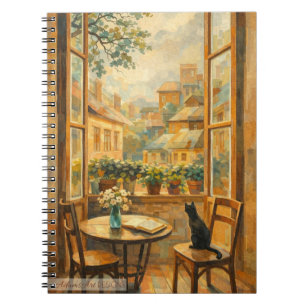 Cuaderno Gato en la ventana soleada y paisaje urbano acoged